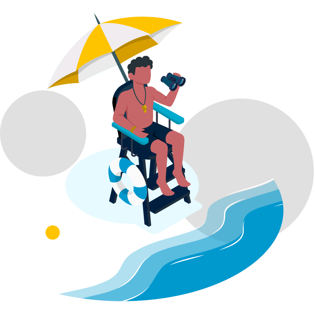 Illustration représentant un sauveteur au bord de la plage, assis sur sa chaise sous un parasol. Il symbolise quelqu'un toujours en alerte (comme le back-up)