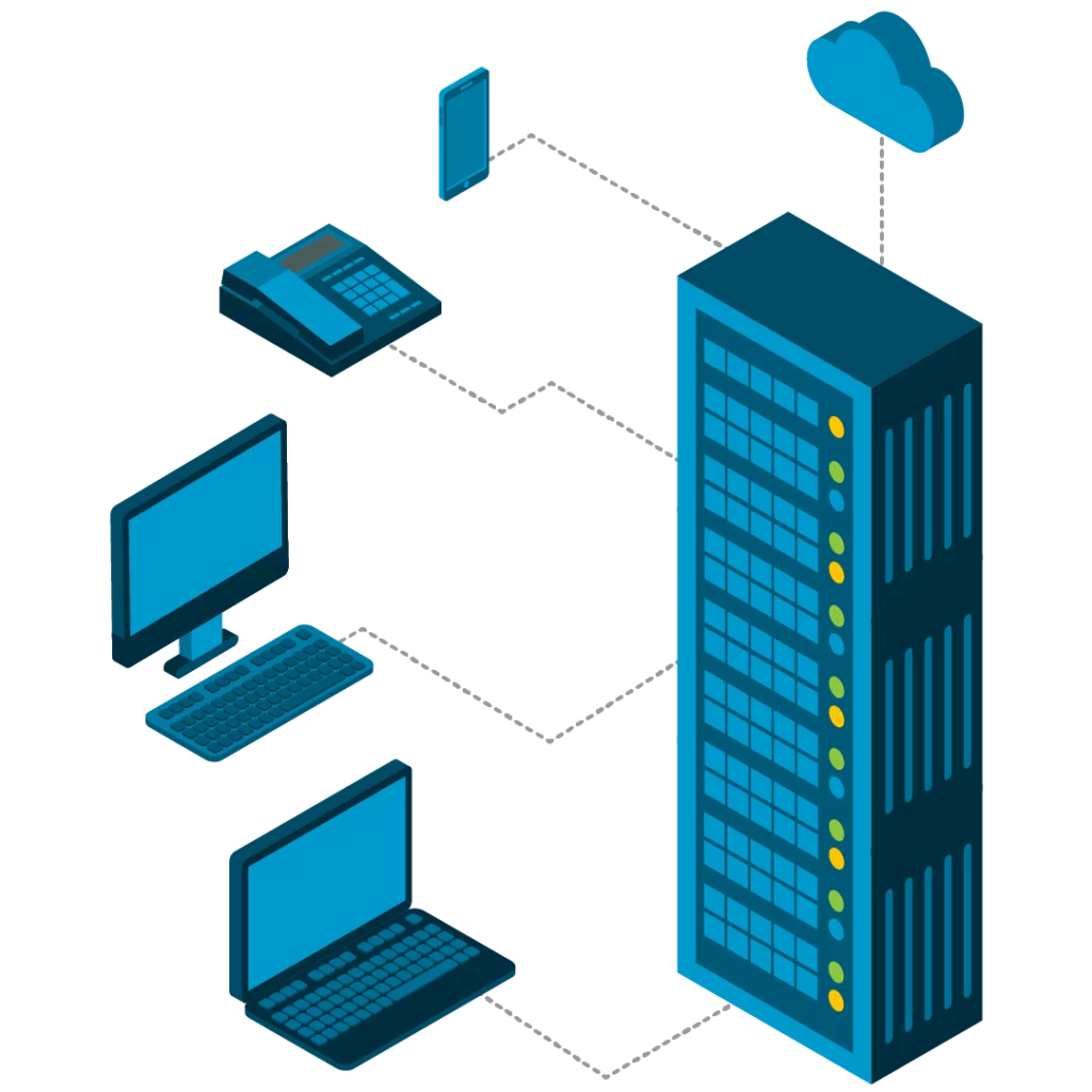 Illustration représentant un réseau informatique (baie, téléphone, ordinateurs et mobile)